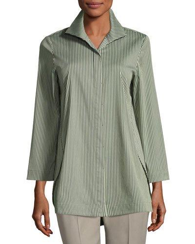 Marla Striped Bracelet-sleeve Blouse, Olive