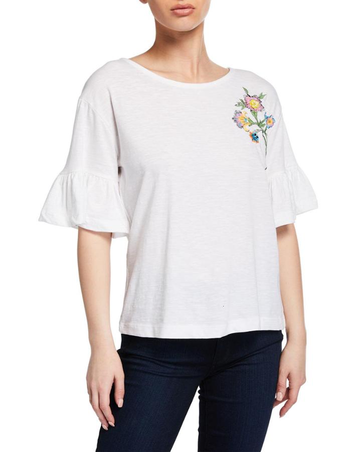 Floral Embroidered Ruffle-sleeve Top