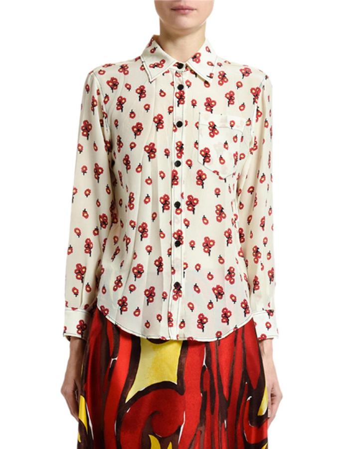 Peace-print Silk Button-front Blouse