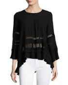 Lace-inset Bell-sleeve Top, Black