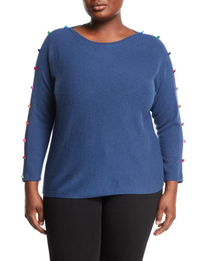 3/4-sleeve Cashmere Pompom Button Sweater, Plus