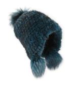 Knitted Mink Fur Hat W/pom-poms