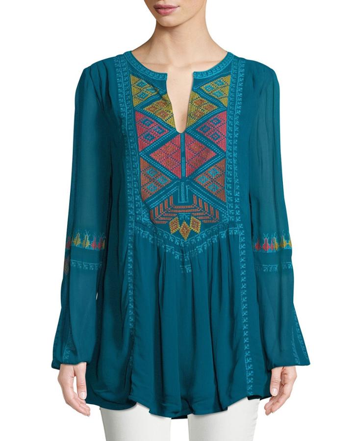 Lauren Geometric Embroidered Peasant Tunic