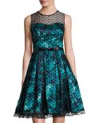 Illusion-neck Floral-print Full Dress, Green