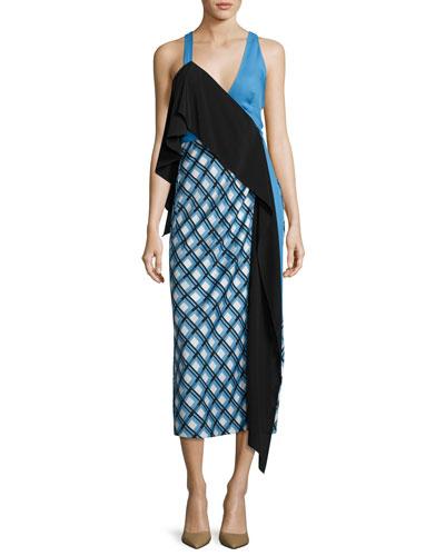 Asymmetric Ruffle Midi Dress, Blue
