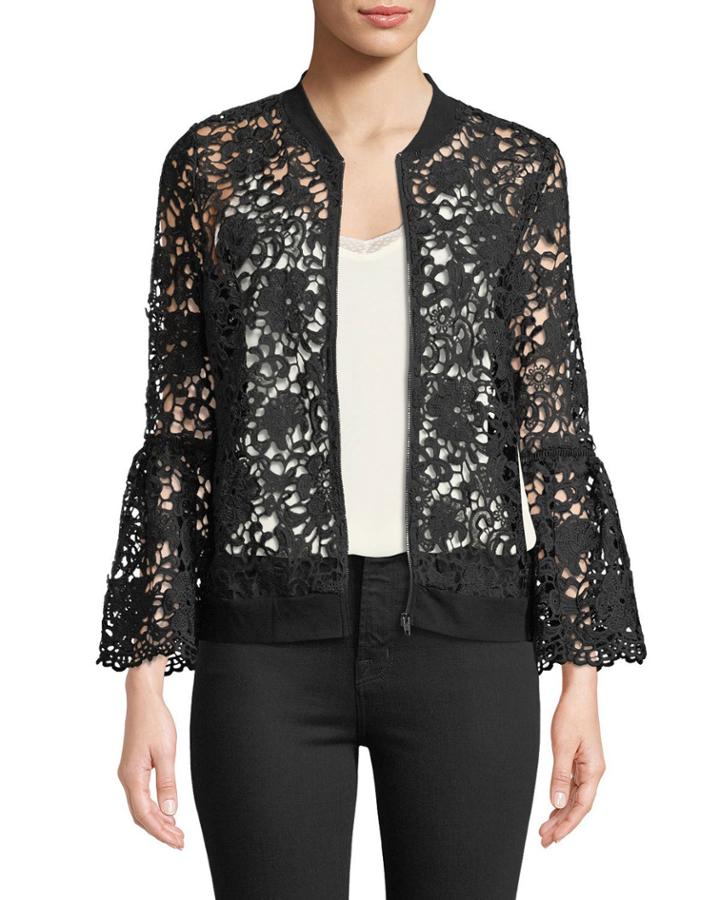 Crochet-lace Bell-sleeve Bomber Jacket