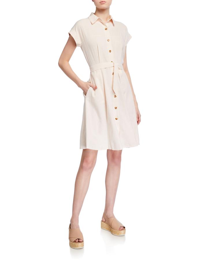 Button Down Belted Linen-blend Dress