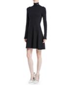 Turtleneck Long-sleeve Fit-and-flare Jersey Dress W/ Contrast