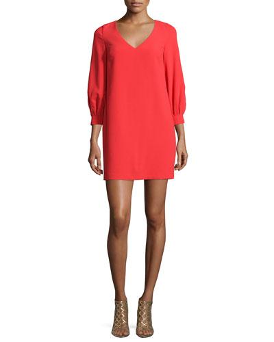 3/4-sleeve Cocoon Shift Dress, Ruby