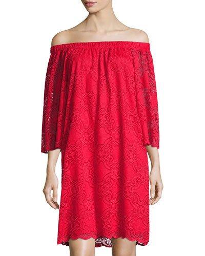 Off-shoulder Lace Dress, Red