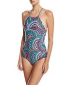High-neck Crisscross-back One-piece Swimsuit,