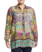 Silk Medallion-print Button-front Blouse,