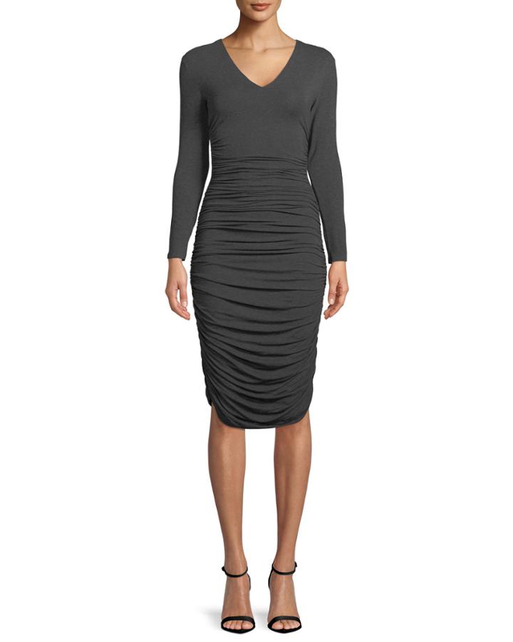 Ruched V-neck Long-sleeve Dress