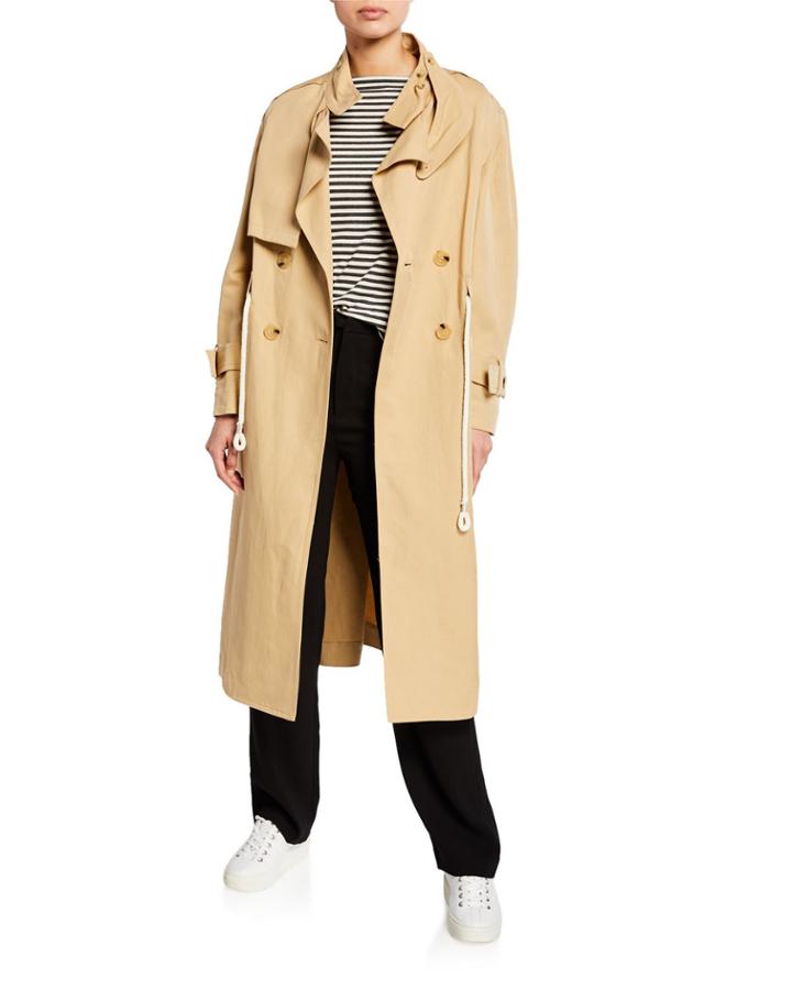 Long Linen/cotton Drawstring Trench Coat