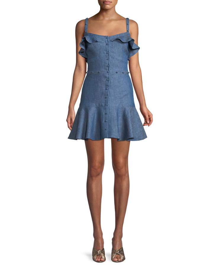 Jodie Button-front Ruffle Cotton Chambray Dress
