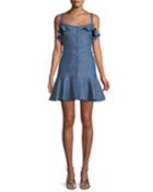 Jodie Button-front Ruffle Cotton Chambray Dress