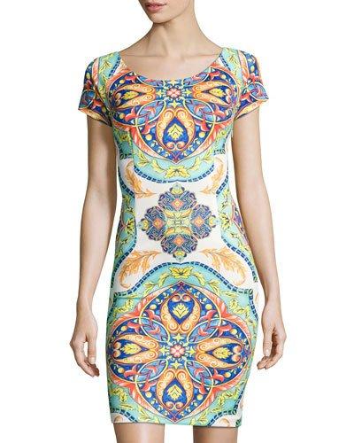 Egyptian Floral-print Short-sleeve Sheath Dress,