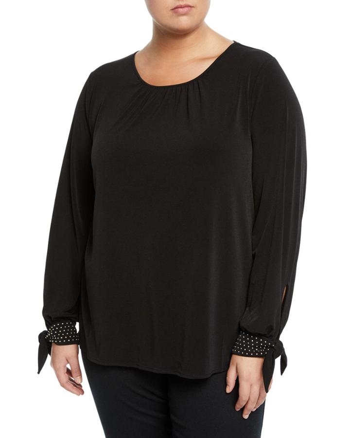 Studded-cuff Scoop-neck Blouse,