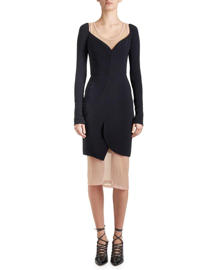 Long-sleeve Cady Sweetheart Dress, Black