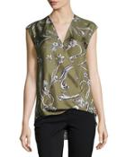 Floral-print Wrap-front Silk Blouse, Olive