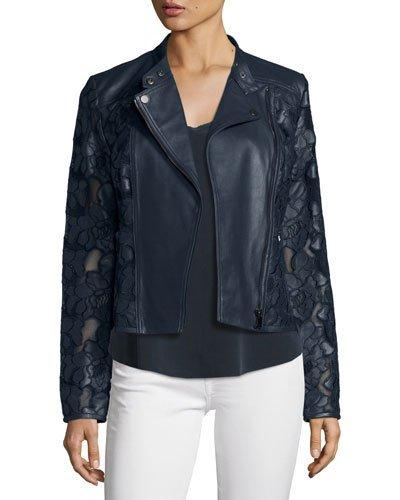 Floral-crochet Leather Moto Jacket, Navy