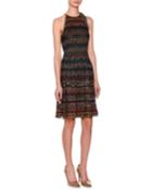 3-d Zigzag Sleeveless Halter Metallic Knit Dress