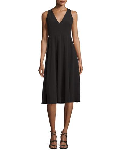 V-neck Fit-&-flare Midi Dress, Black