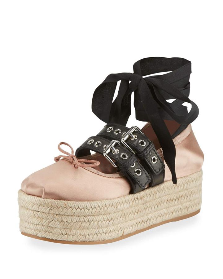 Ankle-wrap Platform Espadrille Flat, Nudo/nero