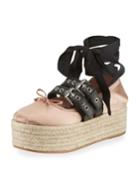 Ankle-wrap Platform Espadrille Flat, Nudo/nero