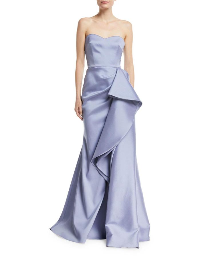Strapless Mikado Bustier Gown W/ Asymmetric Ruffle