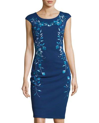 Floral-embroidered Sheath Midi Dress, Blue Pattern