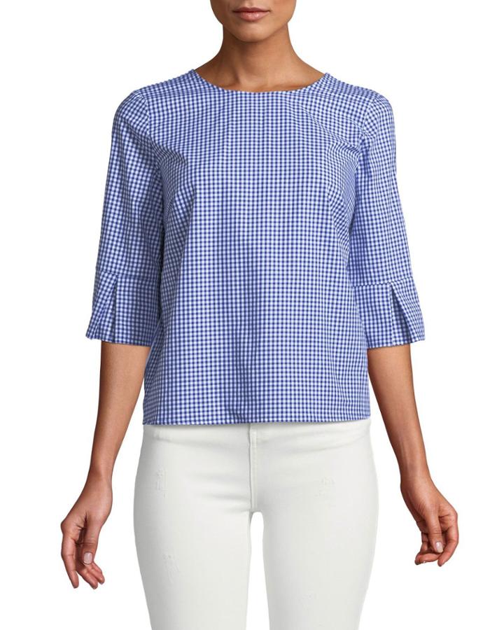 Half-sleeve Tie-back Gingham Blouse