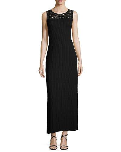 Lace-yoke Ribbed Maxi Dress, Black