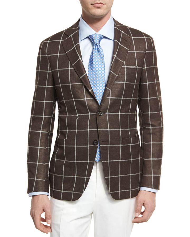 Windowpane Silk-wool Two-button Sport Coat, Brown