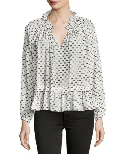 Box Clip-print Ruffled Top, White/black