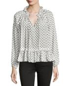 Box Clip-print Ruffled Top, White/black