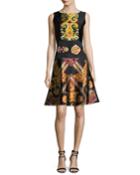 Suzani-print Silk Faille Fit & Flare Dress, Black