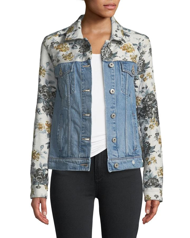 Harrison Button-front Denim Jacket With Floral Embossing