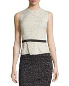 Sleeveless Jewel-neck Printed Jacquard Top, Ivory