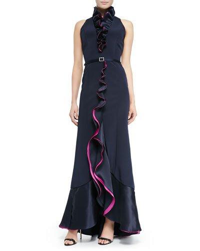 Sleeveless Ruffle-front Belted Gown