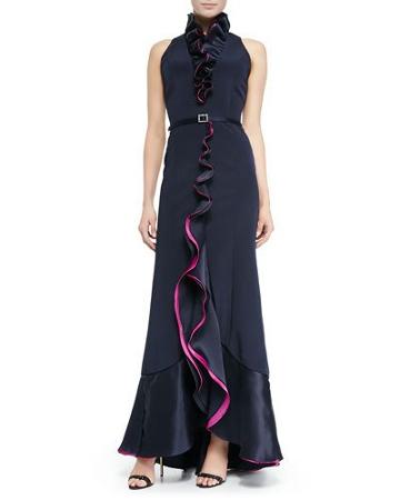 Sleeveless Ruffle-front Belted Gown