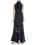 Sleeveless Ruffle-front Belted Gown