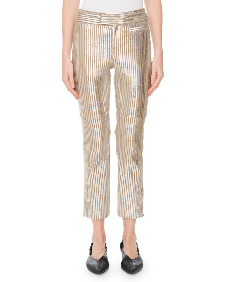 Straight-leg Striped Metallic Leather Cropped Pants