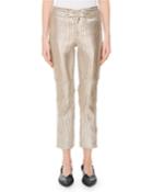 Straight-leg Striped Metallic Leather Cropped Pants