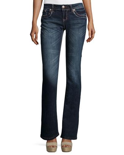 Embroidered Flap-pocket Boot-cut Jeans, Dark Blue