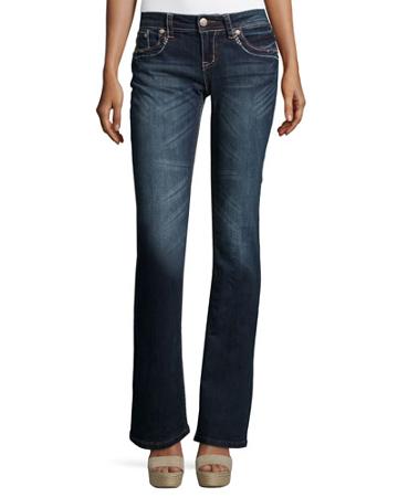 Embroidered Flap-pocket Boot-cut Jeans, Dark Blue