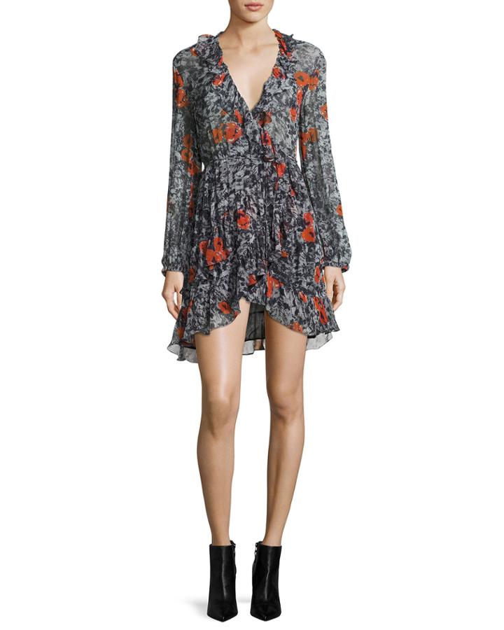 Villia Printed Wrap Mini Dress W/ Ruffled Trim