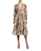 Long-sleeve Wrapped Lily-print Chiffon Dress
