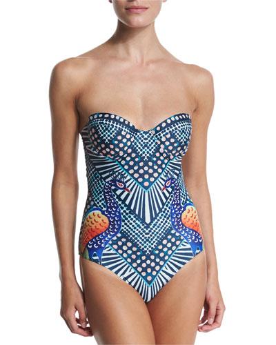 Peacock-printed Bustier One-piece