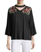 Choker-neck Floral-embroidered Top